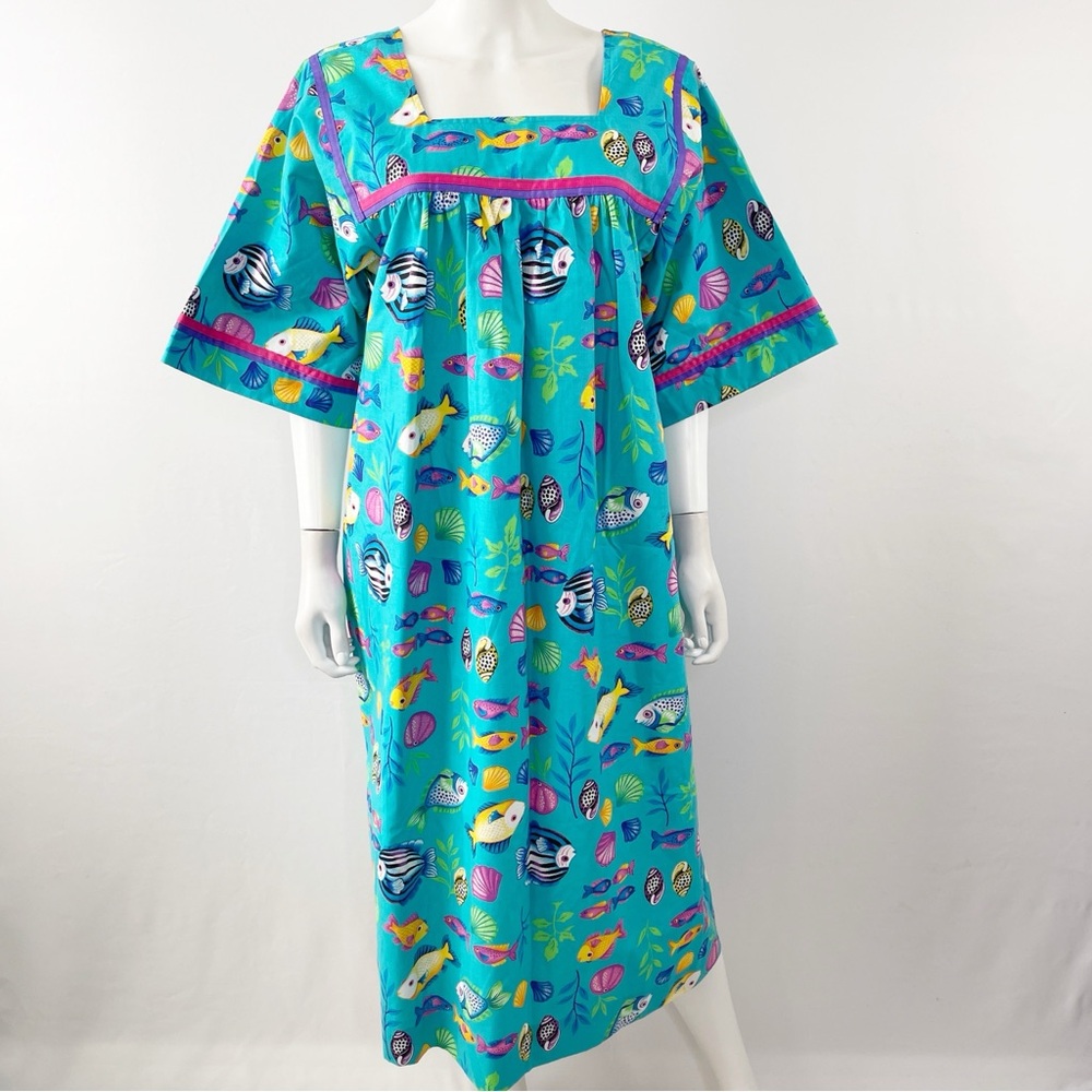 Krist Gudnason Kaftan Dress Size L Blue Tropical Fish Print MuuMuu Maxi